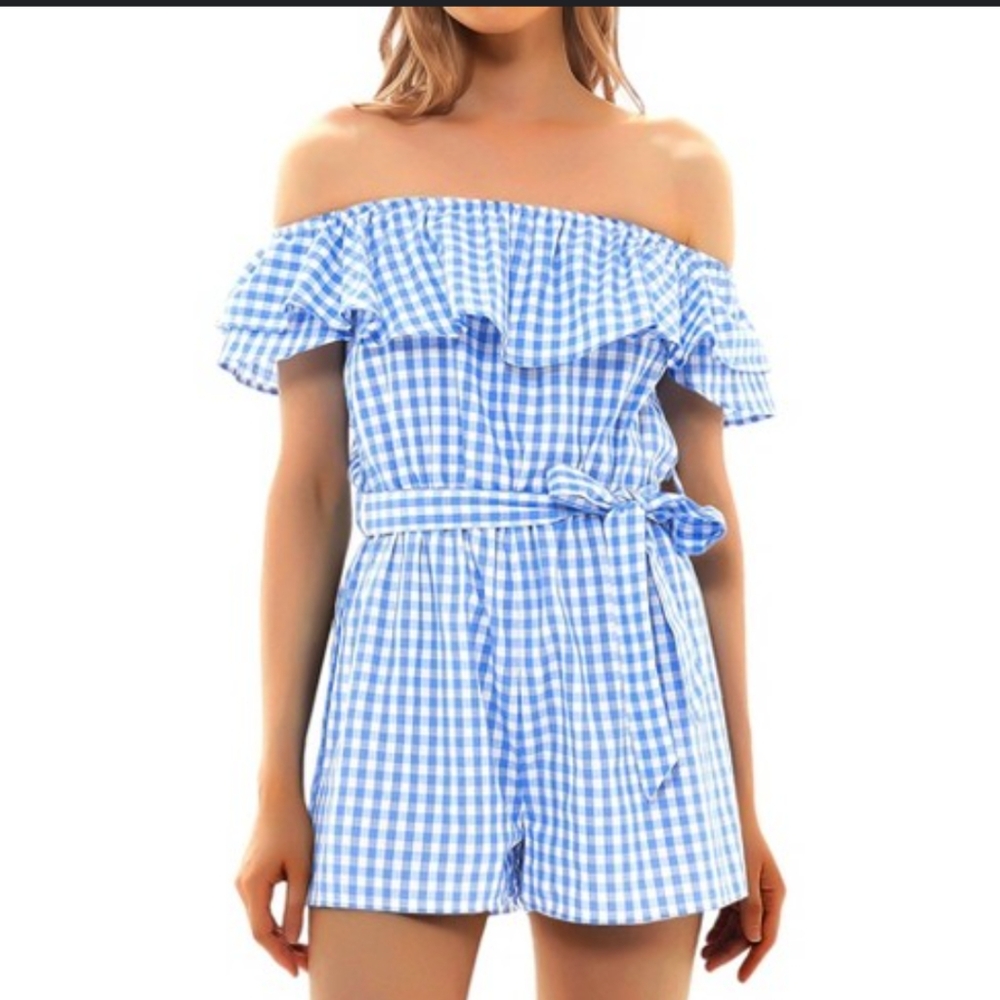 NEW Anna-Kaci Off Shoulder Short Rompers Ruffle Drawstring Blue Plaid Medium